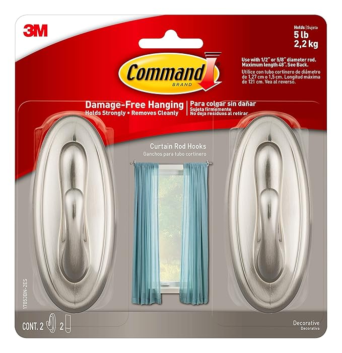 Command 17053BN-2ES Curtain Rod Hooks – Brushed Nickel, Damage-Free Hanging, 2 Hooks with Strips